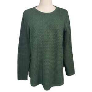 J Jill Green Textured Knit Sweater Womens Medium Side Button Hem Long Sleeve